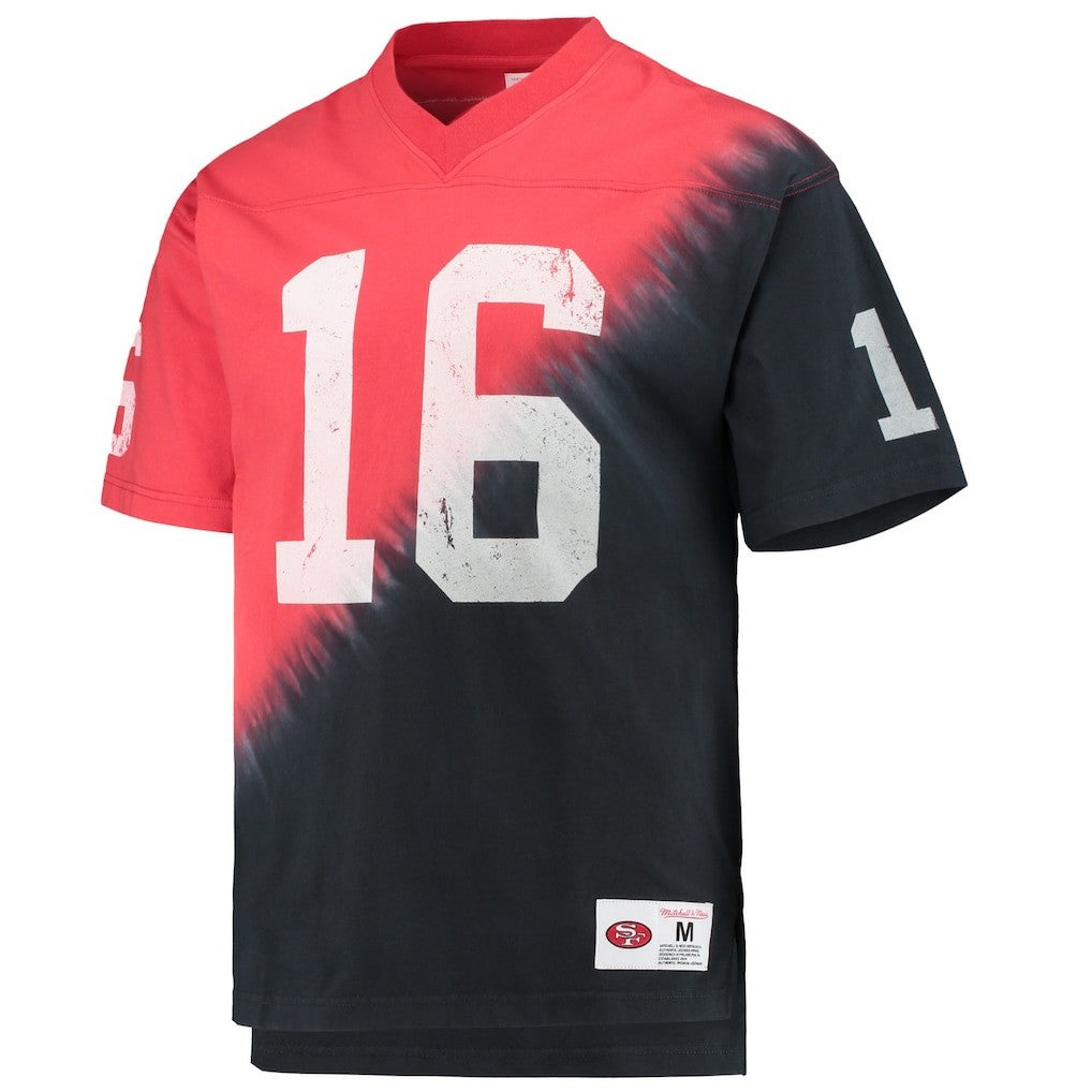 Mitchell & Ness Joe Montana San Francisco 49ers Retired Player Name & Number Diagonal Tie-Dye V-Neck T-Shirt Black/Red