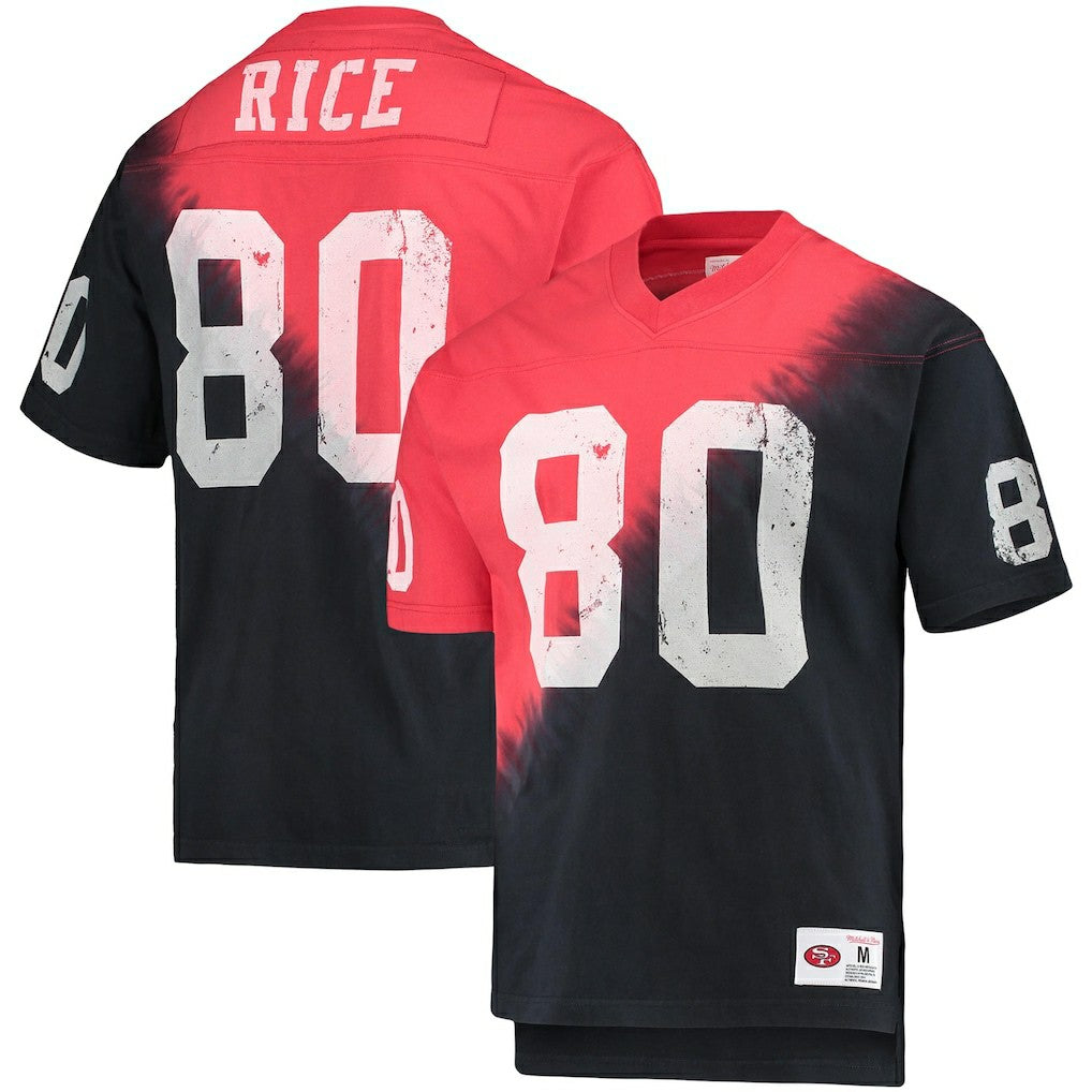 Mitchell & Ness Jerry Rice San Francisco 49ers Retired Player Name & Number Diagonal Tie-Dye V-Neck T-Shirt Black/Red