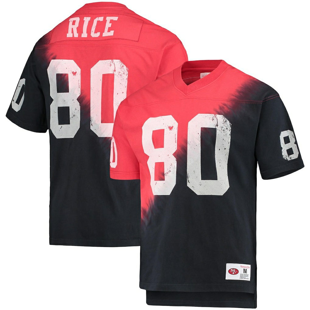 Mitchell & Ness Jerry Rice San Francisco 49ers Retired Player Name & Number Diagonal Tie-Dye V-Neck T-Shirt Black/Red