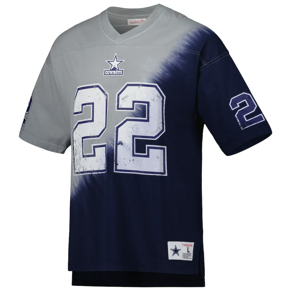 Mitchell & Ness Emmitt Smith Dallas Cowboys Retired Player Name & Number Diagonal Tie-Dye V-Neck T-Shirt Navy/Gray