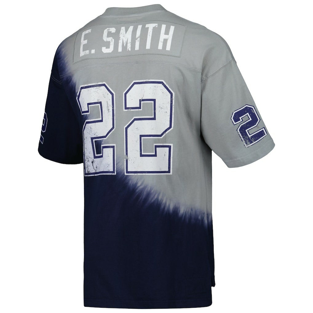 Mitchell & Ness Emmitt Smith Dallas Cowboys Retired Player Name & Number Diagonal Tie-Dye V-Neck T-Shirt Navy/Gray