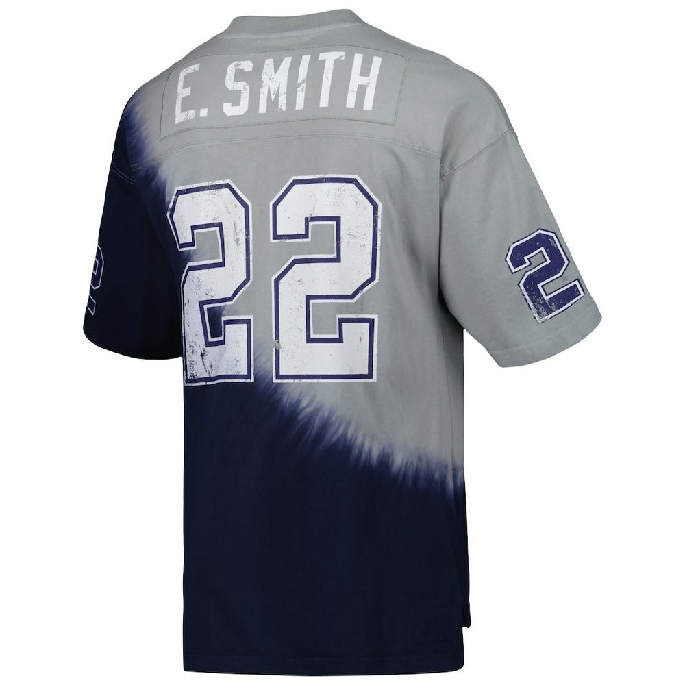 Mitchell & Ness Emmitt Smith Dallas Cowboys Retired Player Name & Number Diagonal Tie-Dye V-Neck T-Shirt Navy/Gray