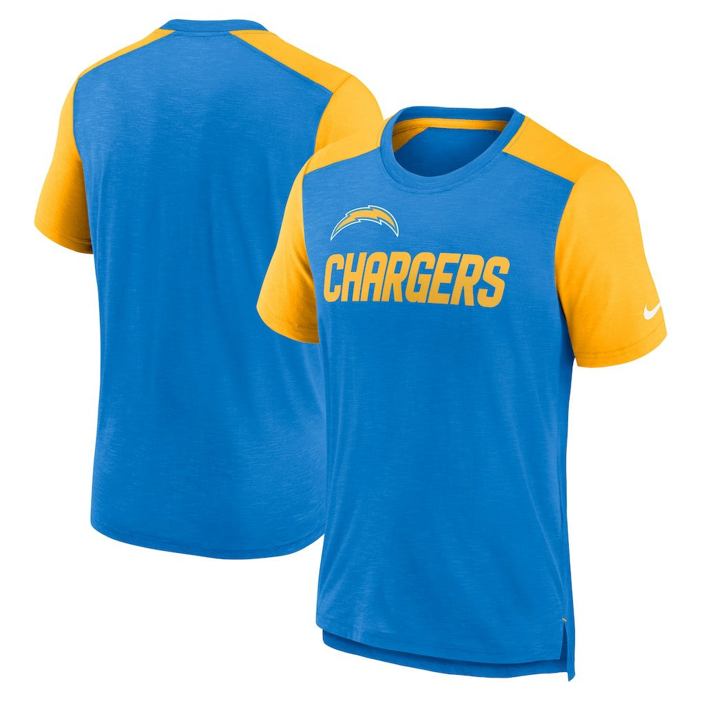 Nike Los Angeles Chargers Color Block Team Name T-Shirt Heathered Powder Blue/Heathered Gold