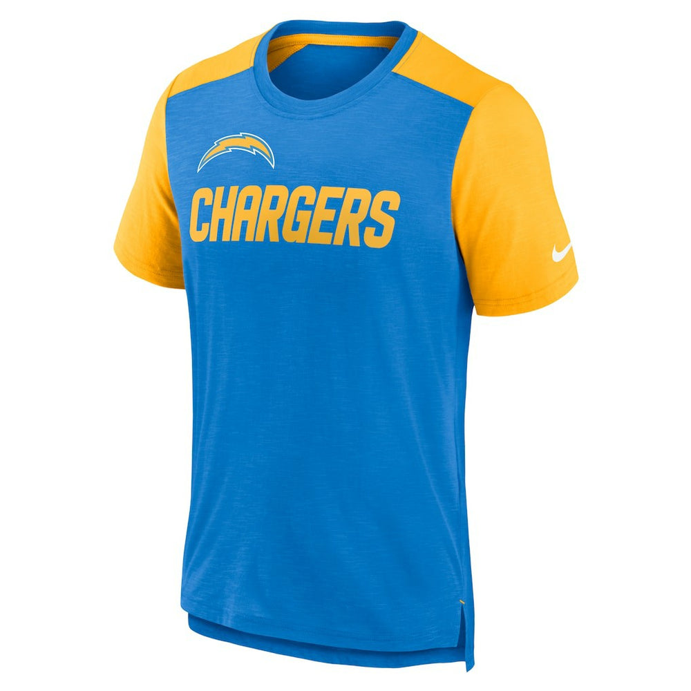 Nike Los Angeles Chargers Color Block Team Name T-Shirt Heathered Powder Blue/Heathered Gold