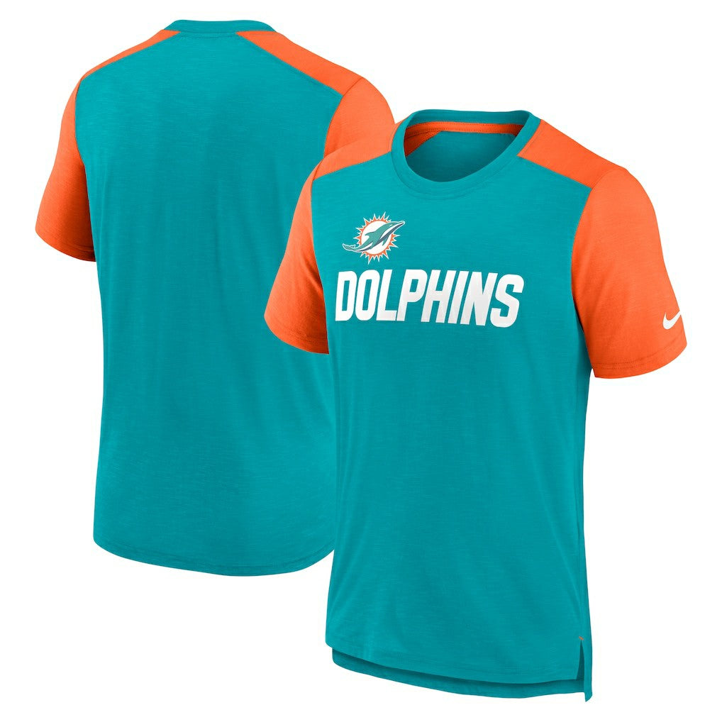 Nike Miami Dolphins Color Block Team Name T-Shirt Heathered Aqua/Heathered Orange