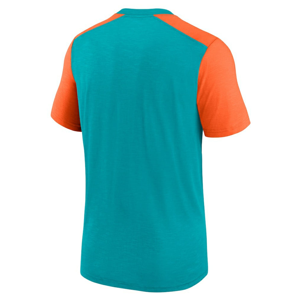 Nike Miami Dolphins Color Block Team Name T-Shirt Heathered Aqua/Heathered Orange