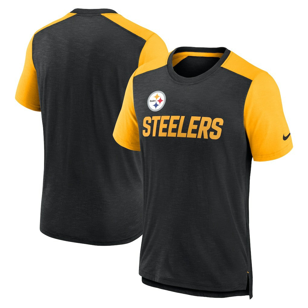 Nike Pittsburgh Steelers Color Block Team Name T-Shirt Heathered Black/Heathered Gold