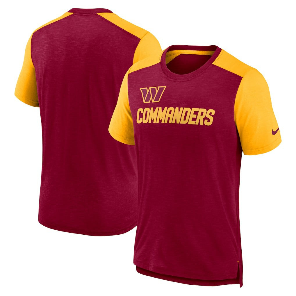 Nike Washington Commanders Color Block Team Name T-Shirt Heathered Burgundy/Heathered Gold