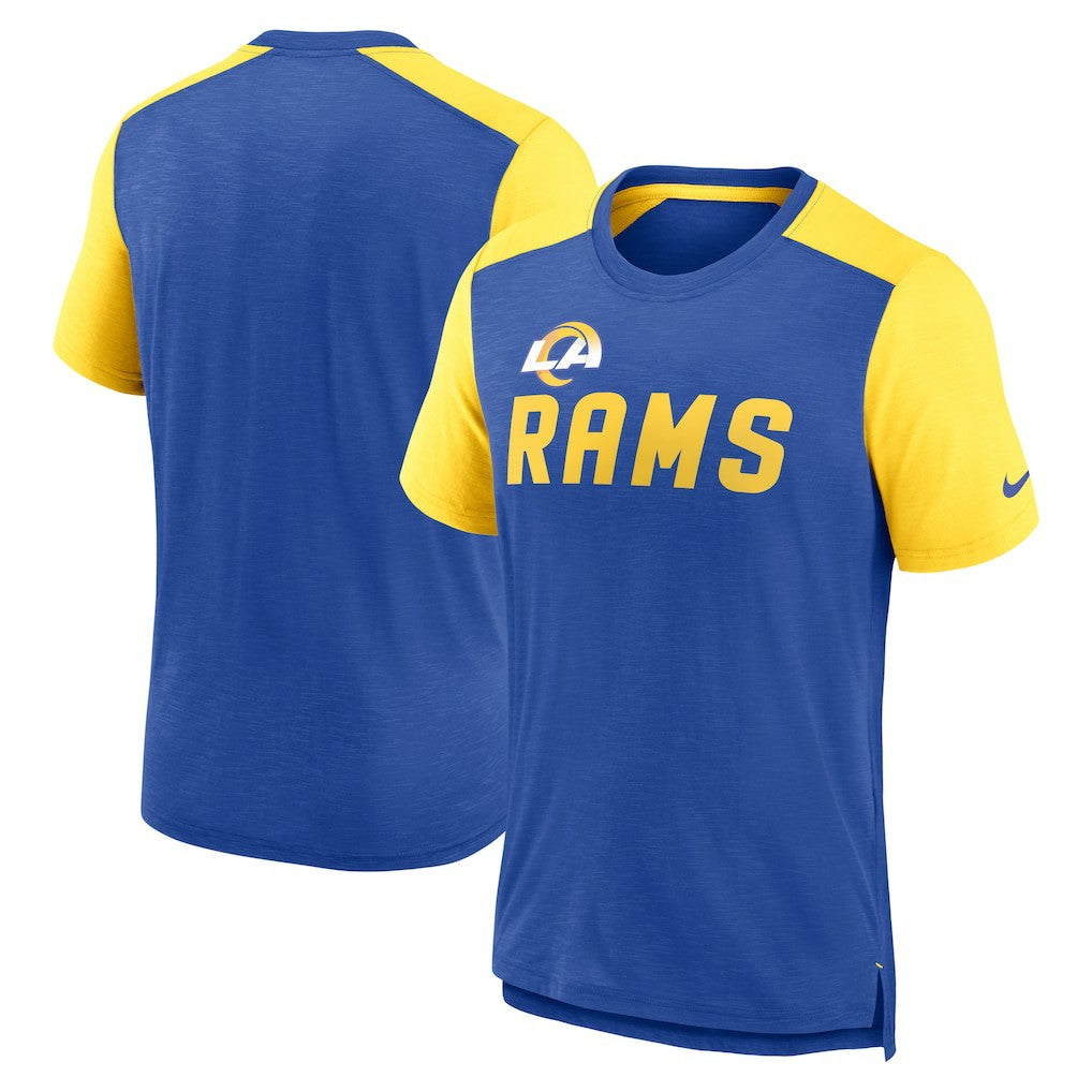 Nike Los Angeles Rams Color Block Team Name T-Shirt Heathered Royal/Heathered Gold