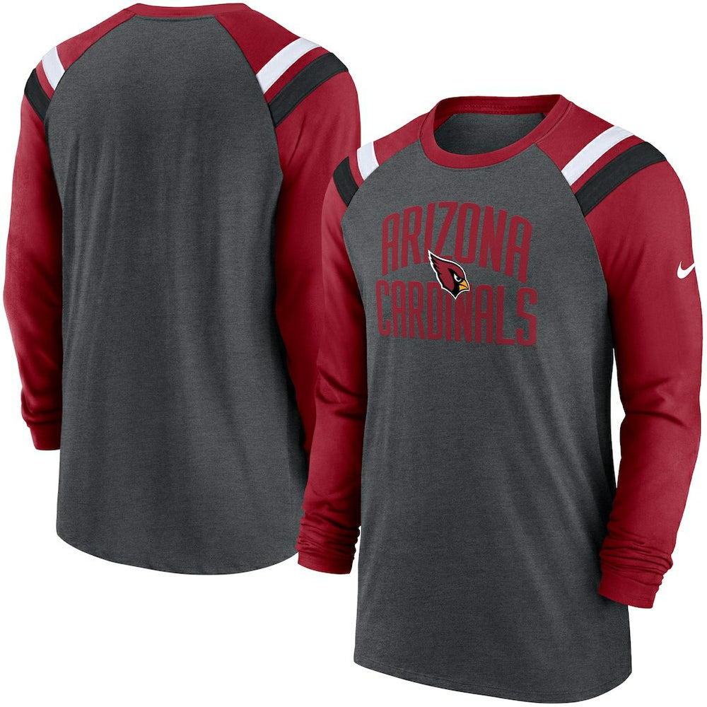 Nike Arizona Cardinals Tri-Blend Raglan Athletic Long Sleeve Fashion T-Shirt Heathered Charcoal/Cardinal