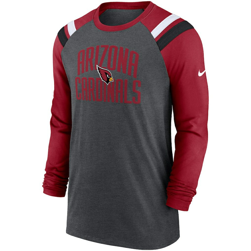 Nike Arizona Cardinals Tri-Blend Raglan Athletic Long Sleeve Fashion T-Shirt Heathered Charcoal/Cardinal