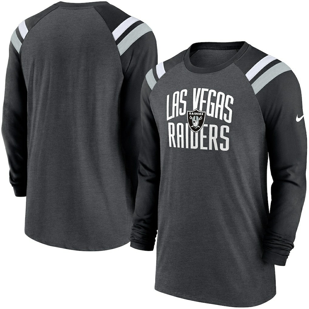 Nike Las Vegas Raiders Tri-Blend Raglan Athletic Long Sleeve Fashion T-Shirt Heathered Charcoal/Black