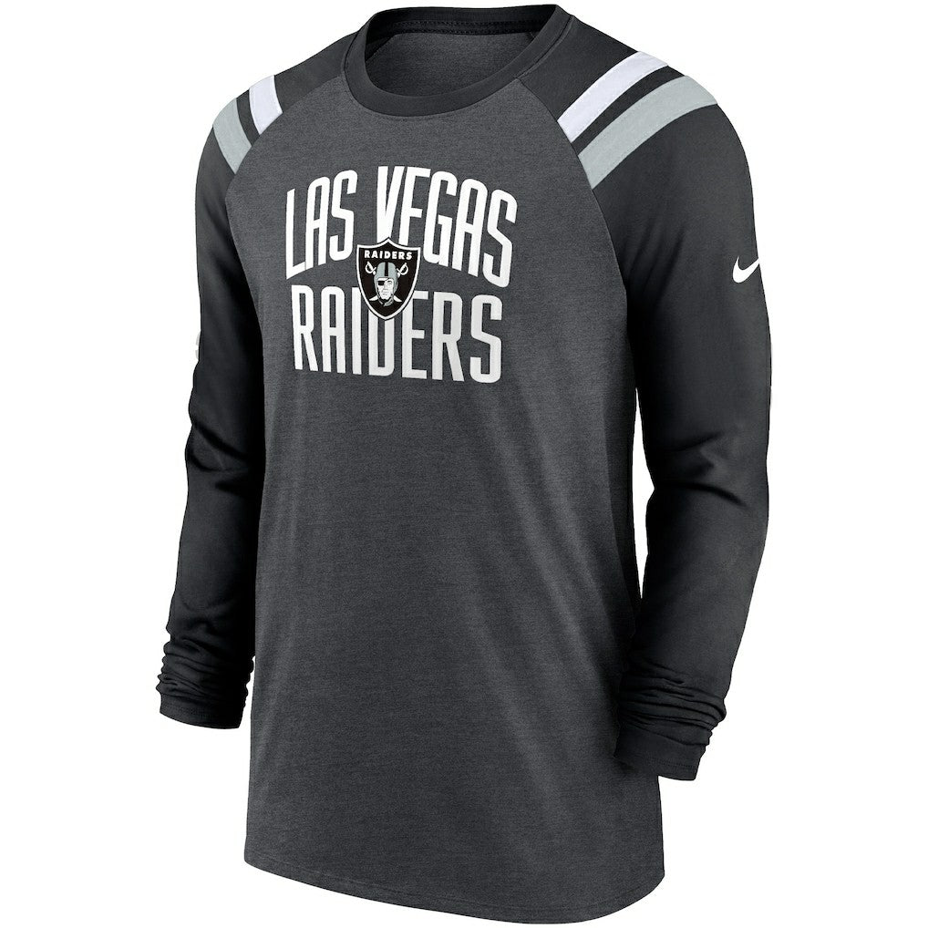 Nike Las Vegas Raiders Tri-Blend Raglan Athletic Long Sleeve Fashion T-Shirt Heathered Charcoal/Black