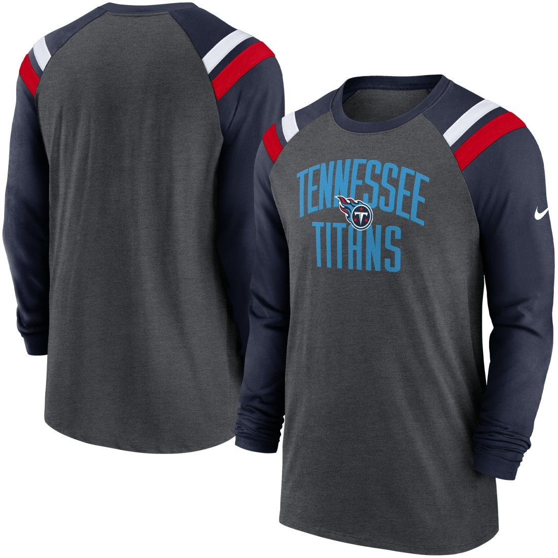 Nike Tennessee Titans Tri-Blend Raglan Athletic Long Sleeve Fashion T-Shirt Heathered Charcoal/Navy