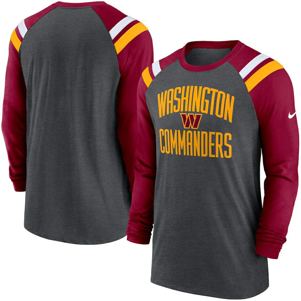 Nike Washington Commanders Tri-Blend Raglan Athletic Long Sleeve Fashion T-Shirt Heathered Charcoal/Burgundy