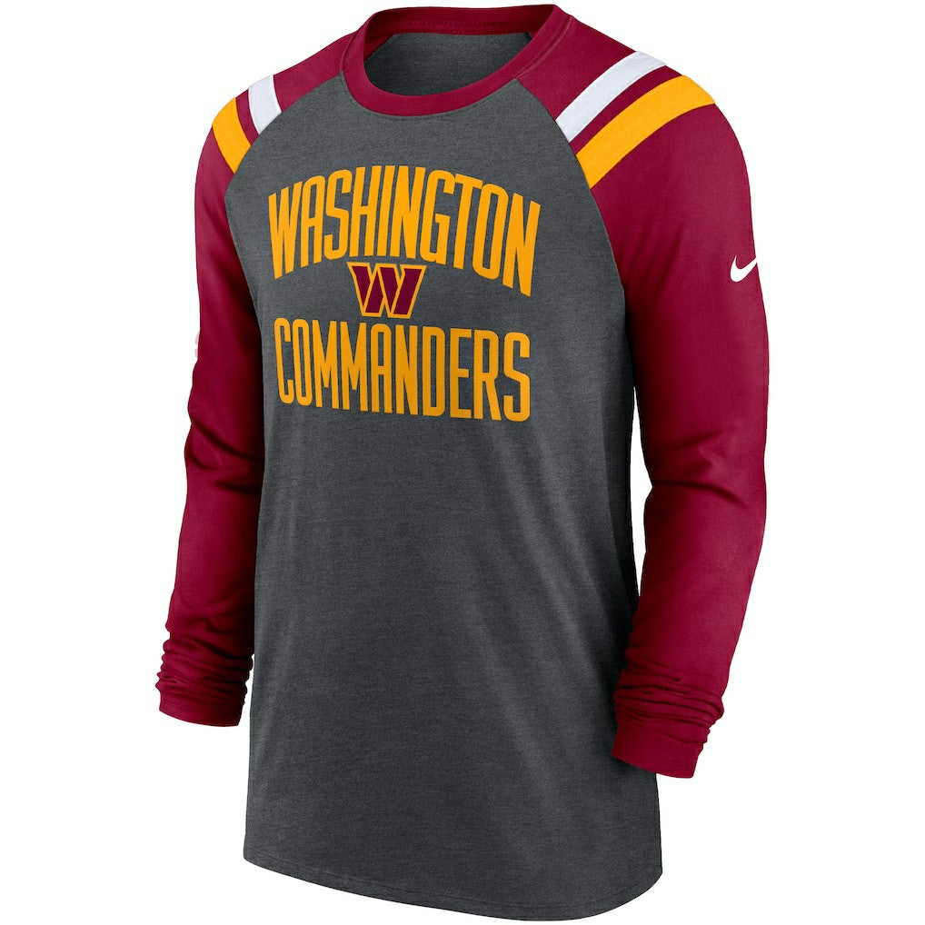 Nike Washington Commanders Tri-Blend Raglan Athletic Long Sleeve Fashion T-Shirt Heathered Charcoal/Burgundy