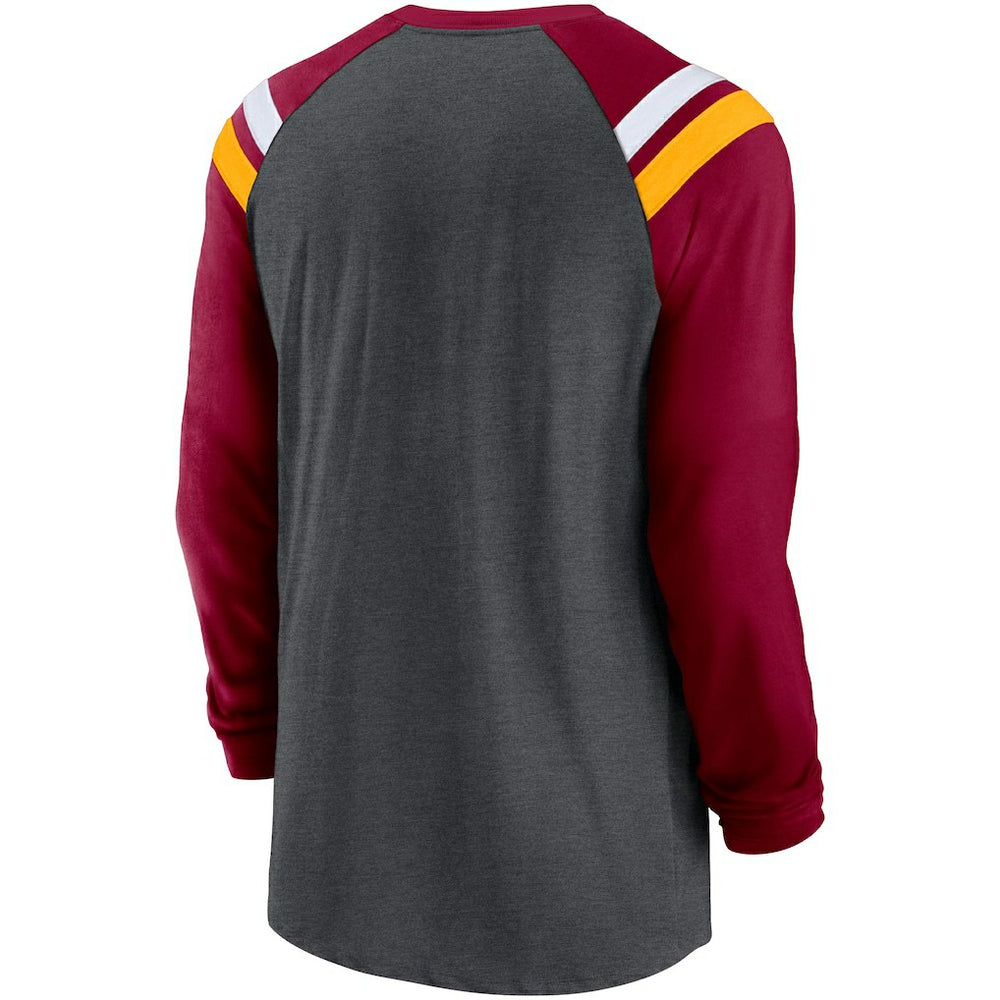 Nike Washington Commanders Tri-Blend Raglan Athletic Long Sleeve Fashion T-Shirt Heathered Charcoal/Burgundy