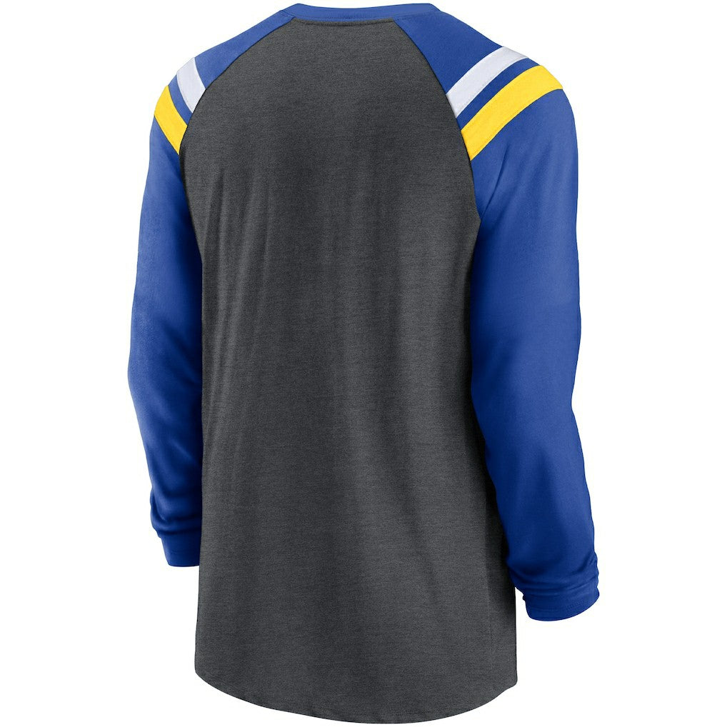 Nike Los Angeles Rams Tri-Blend Raglan Athletic Long Sleeve Fashion T-Shirt Heathered Charcoal/Royal