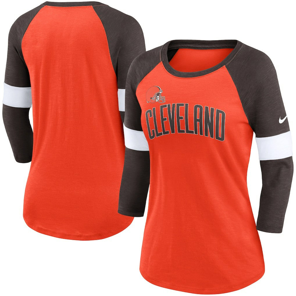 Nike Cleveland Browns Women's Football Pride Slub 3/4 Raglan Sleeve T-Shirt Heathered Orange/Brown