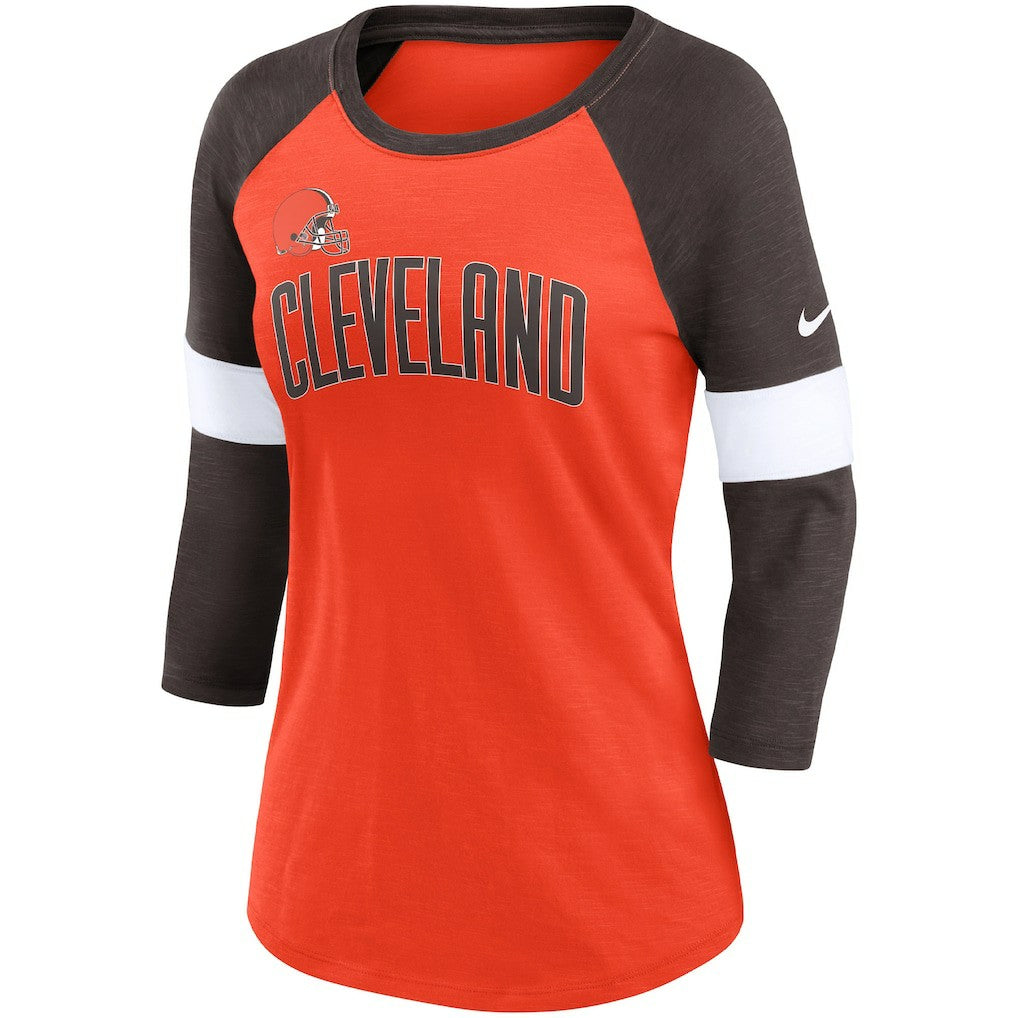 Nike Cleveland Browns Women's Football Pride Slub 3/4 Raglan Sleeve T-Shirt Heathered Orange/Brown