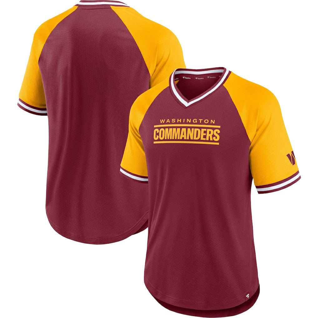 Fanatics Washington Commanders Second Wind Raglan V-Neck T-Shirt Burgundy/Gold
