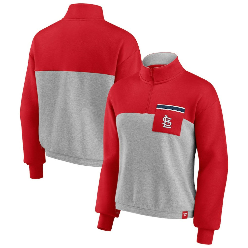 St. Louis Cardinals Fanatics Women's Iconic Cinch Waist Quarter-Zip Top - Red/Heather Gray - Fanatics Lifestyle