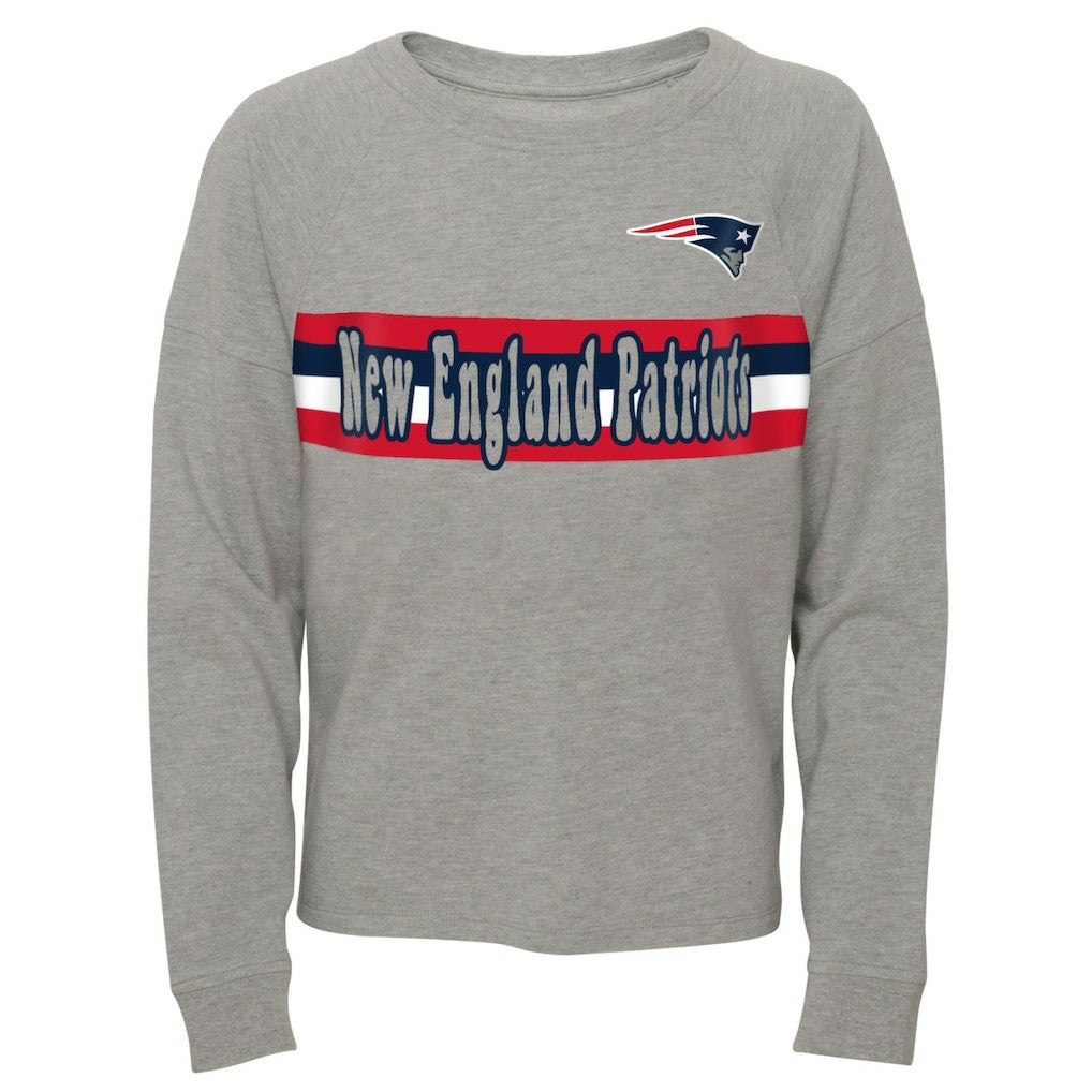 New England Patriots Juniors All Striped Up Raglan Long Sleeve T-Shirt Heathered Gray