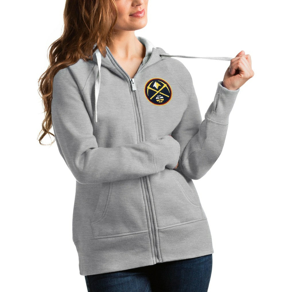 Denver Nuggets Antigua Women's Victory Full-Zip Hoodie Heathered Gray