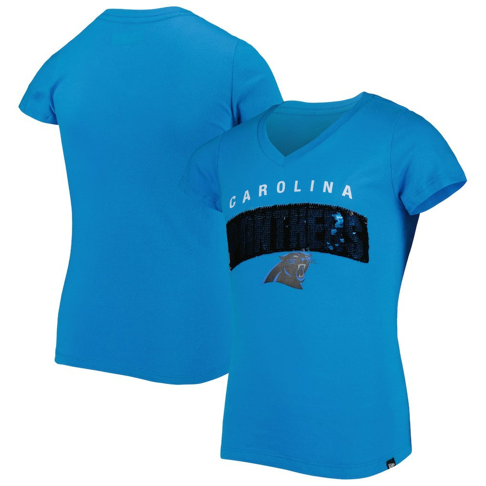Carolina Panthers New Era Girls Youth Reverse Sequin Wordmark V-Neck T-Shirt Blue