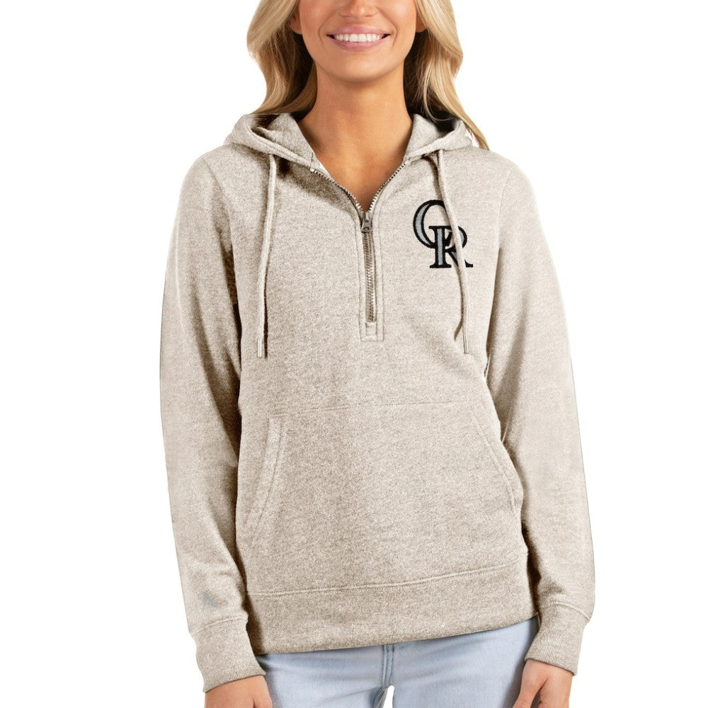 Colorado Rockies Antigua Women's Action Half-Zip Pullover Hoodie - Oatmeal - MLB on Sale