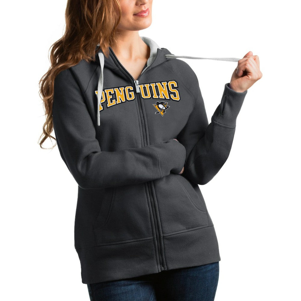 Pittsburgh Penguins Antigua Women's Wordmark Victory Full-Zip Hoodie - Charcoal - NHL 4627328