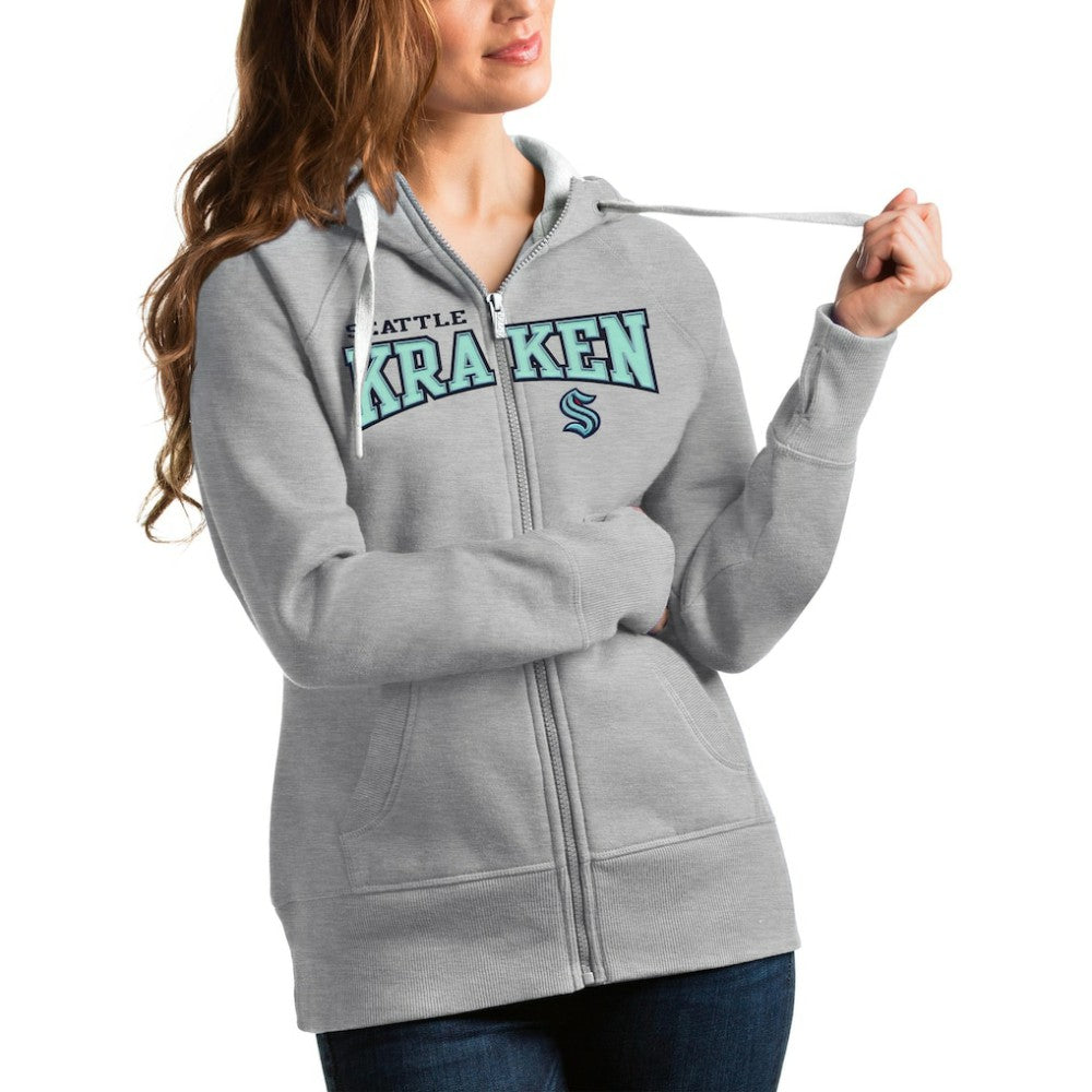 Seattle Kraken Antigua Women's Wordmark Victory Full-Zip Hoodie - Heathered Gray - NHL 4627338