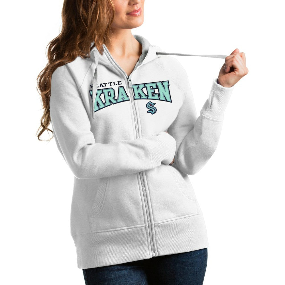 Seattle Kraken Antigua Women's Wordmark Victory Full-Zip Hoodie - White - NHL 4627340