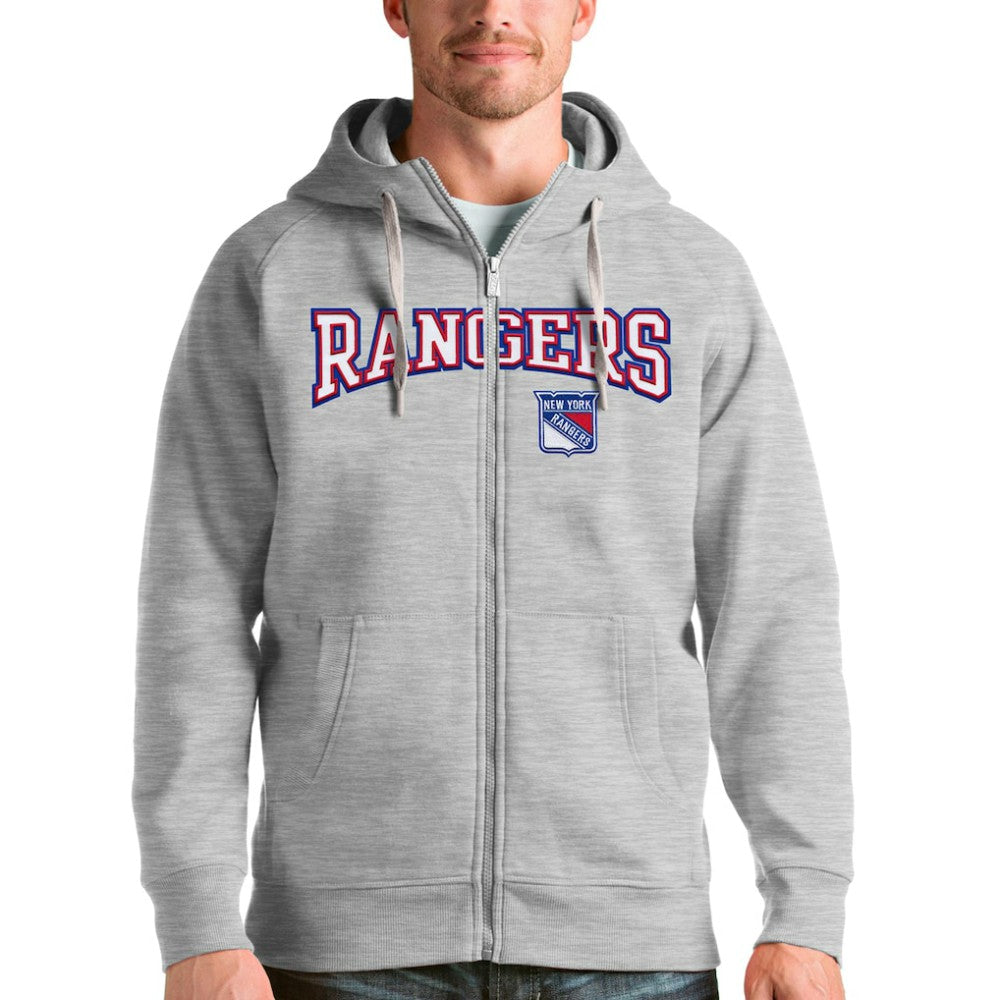 New York Rangers Antigua Wordmark Victory Full-Zip Hoodie - Heathered Gray - NHL 4636935