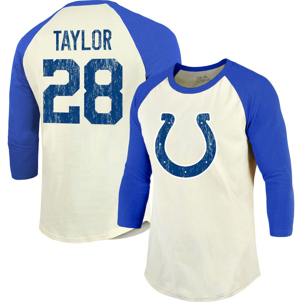 Jonathan Taylor Indianapolis Colts Majestic Threads Vintage Player Name & Number Raglan 3/4-Sleeve T-Shirt Cream/Royal