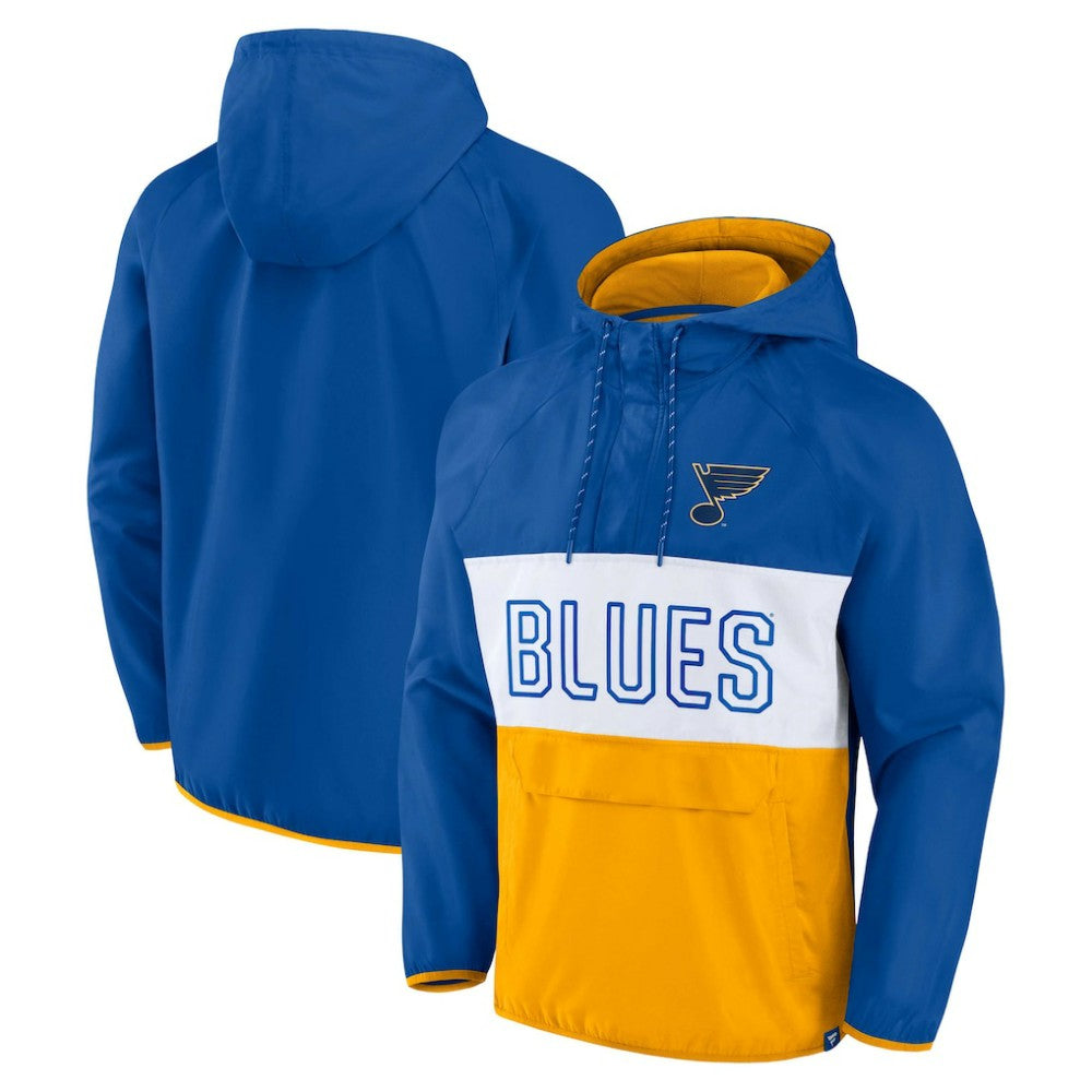 St. Louis Blues Fanatics Backhand Shooter Defender Anorak Raglan Hoodie Quarter-Zip Jacket - Blue/Gold - NHL 4641654