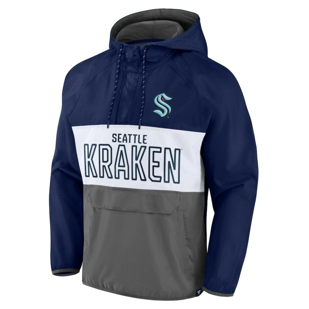 Seattle Kraken Fanatics Backhand Shooter Defender Anorak Raglan Hoodie Quarter-Zip Jacket - Deep Sea Blue/Gray - NHL 4641672