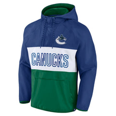 Vancouver Canucks Fanatics Backhand Shooter Defender Anorak Raglan Hoodie Quarter-Zip Jacket - Blue/Green - NHL 4641674
