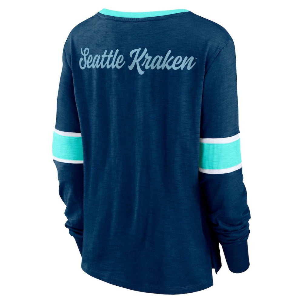 Seattle Kraken Fanatics Women's Effervescent Exclusive Notch Neck Lace-Up Long Sleeve Slub T-Shirt - Navy - NHL 4641942