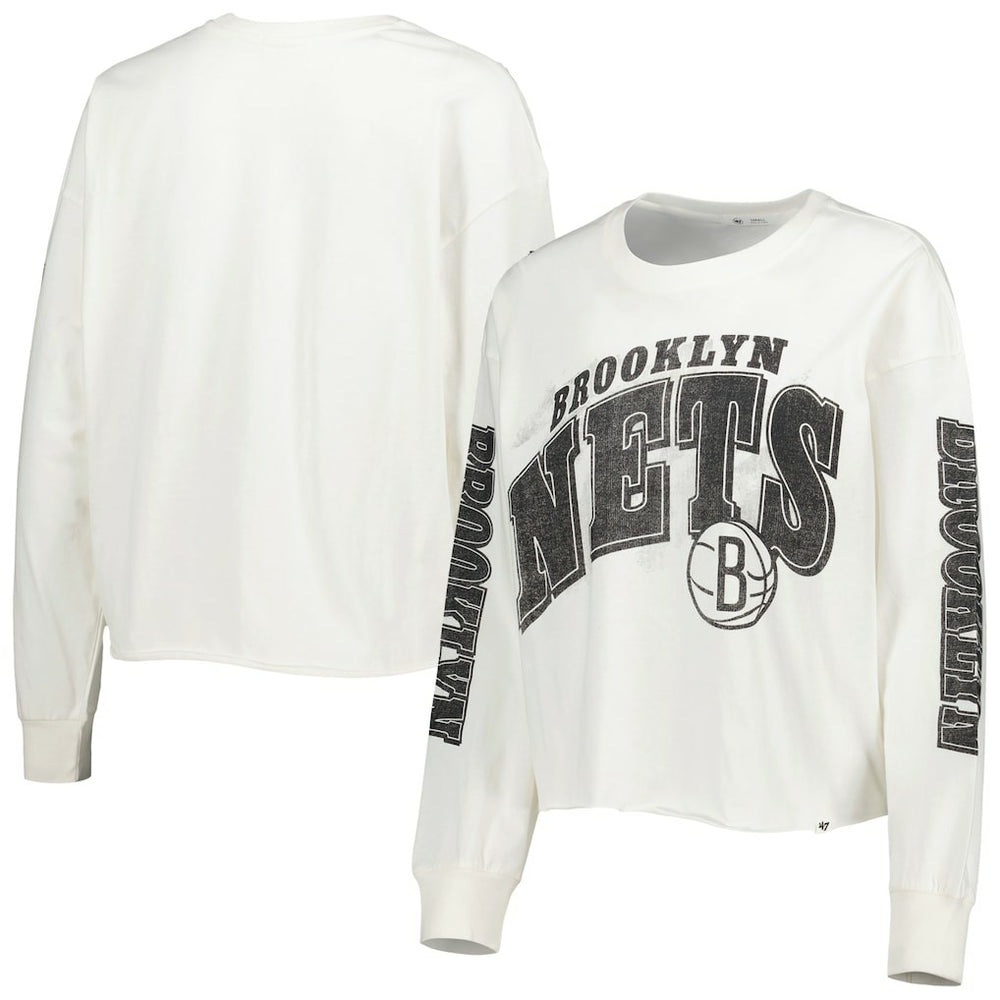 Brooklyn Nets '47 Women's Parkway Brush Back Long Sleeve Cropped T-Shirt Cream | 47 brand outlet