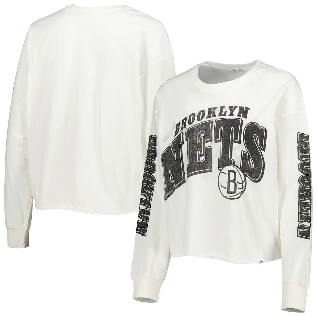 Brooklyn Nets '47 Women's Parkway Brush Back Long Sleeve Cropped T-Shirt Cream | 47 brand outlet