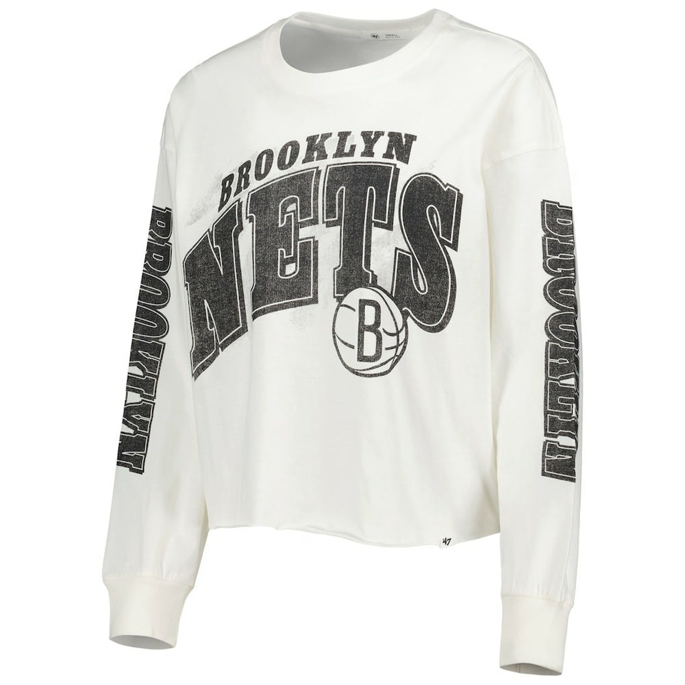 Brooklyn Nets '47 Women's Parkway Brush Back Long Sleeve Cropped T-Shirt Cream | 47 brand outlet