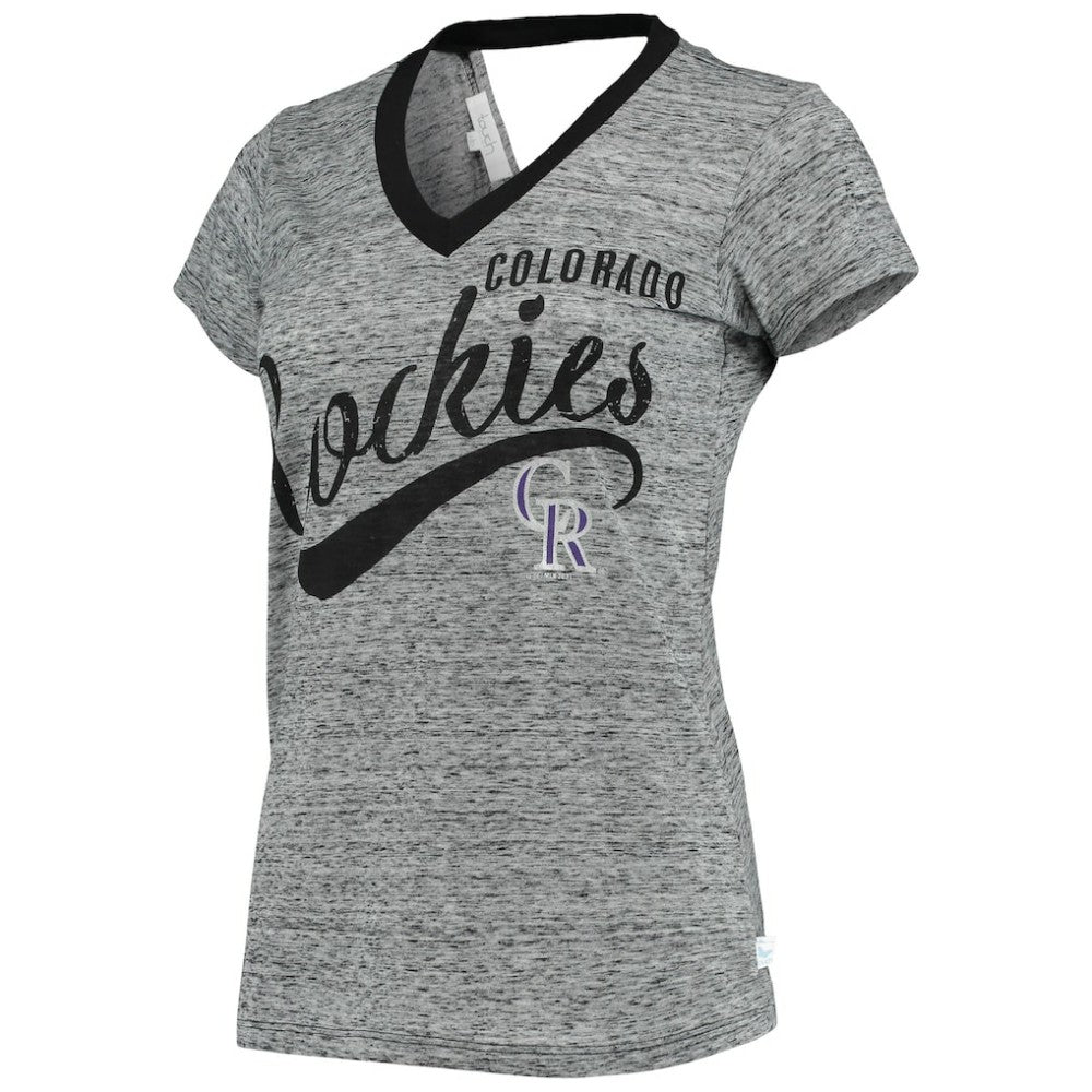 Colorado Rockies Touch Women's Hail Mary Back Wrap Space-Dye V-Neck T-Shirt - Black - MLB Discount