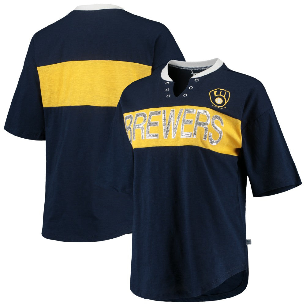 Milwaukee Brewers Touch Women's Lead Off Notch Neck T-Shirt - Navy/Gold - MLB Lifestyle
