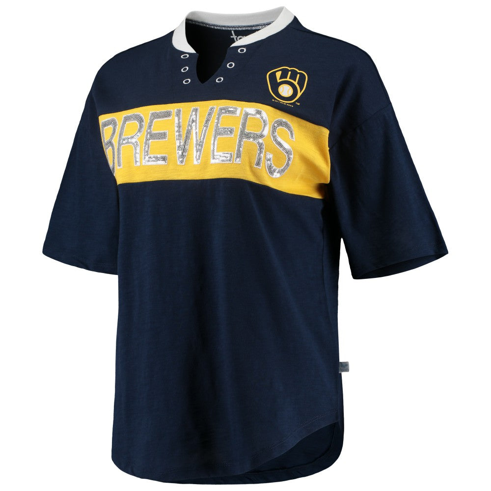 Milwaukee Brewers Touch Women's Lead Off Notch Neck T-Shirt - Navy/Gold - MLB Lifestyle