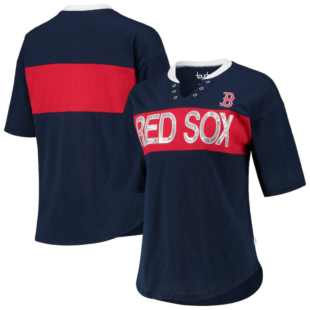 Boston Red Sox Touch Women's Lead Off Notch Neck T-Shirt - Navy/Red - MLB Lifestyle
