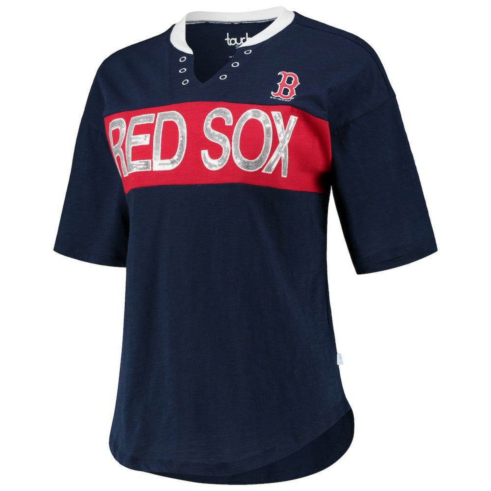 Boston Red Sox Touch Women's Lead Off Notch Neck T-Shirt - Navy/Red - MLB Lifestyle