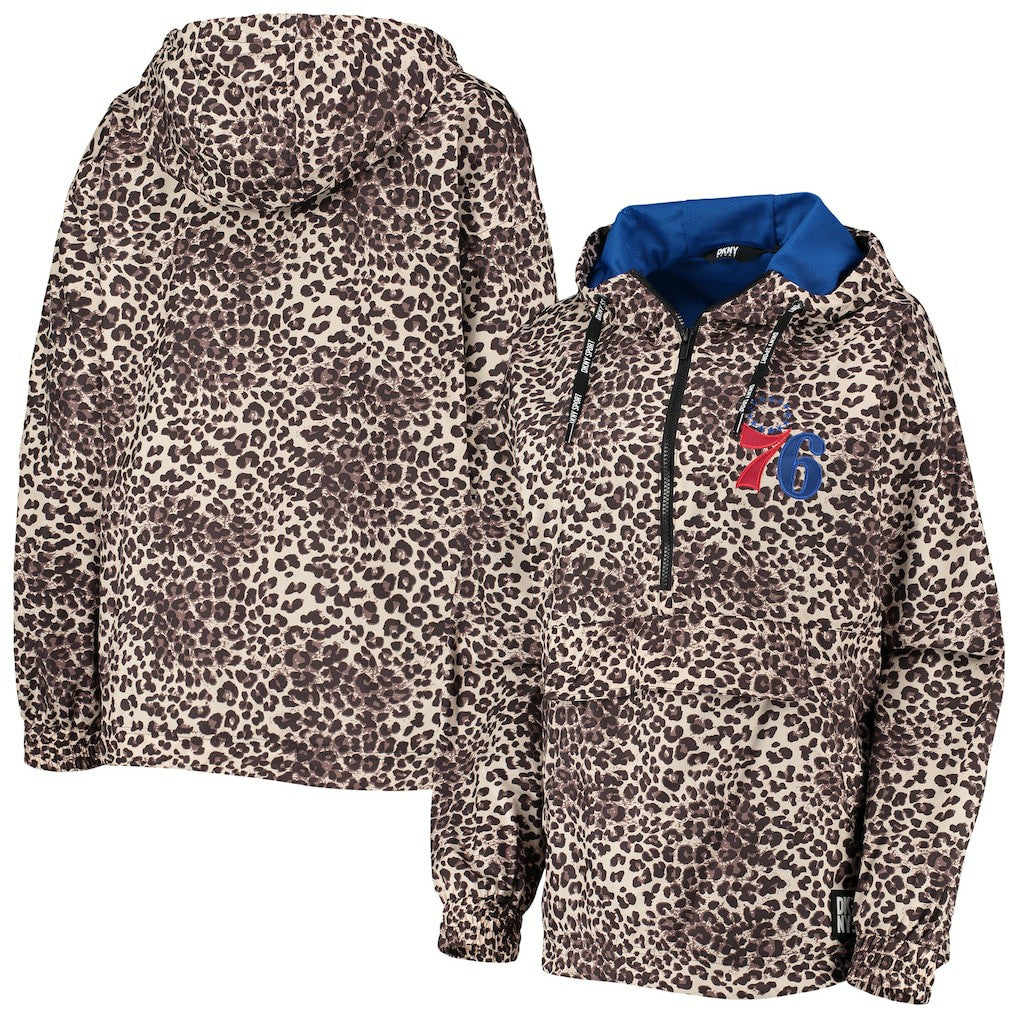 Philadelphia 76ers DKNY Sport Women's Gabriella Windbreaker Half-Zip Hoodie Leopard