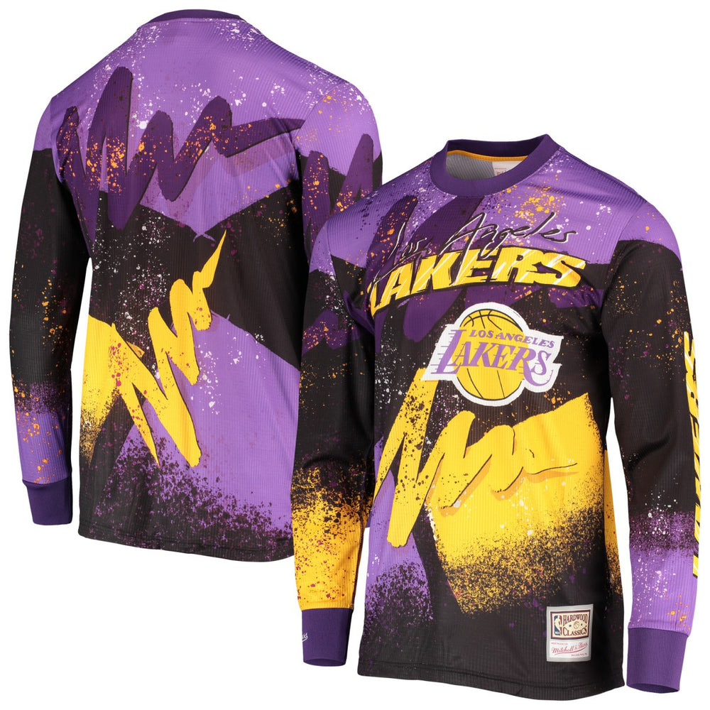 Los Angeles Lakers Hardwood Classics Hyper Hoops Moto Sublimated Long Sleeve T-Shirt Purple | Mitchell & Ness Lifestyle