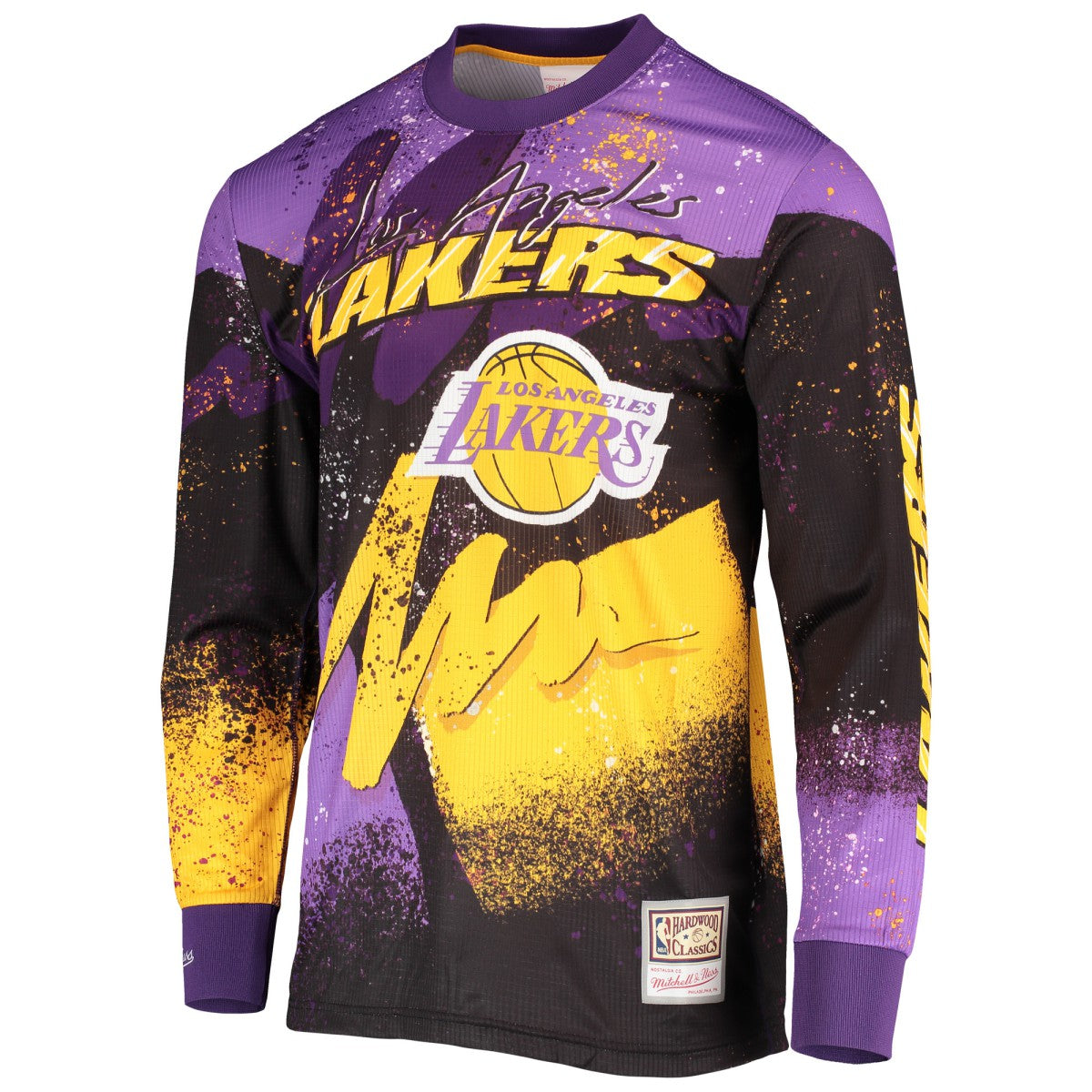 Los Angeles Lakers Hardwood Classics Hyper Hoops Moto Sublimated Long Sleeve T-Shirt Purple | Mitchell & Ness Lifestyle